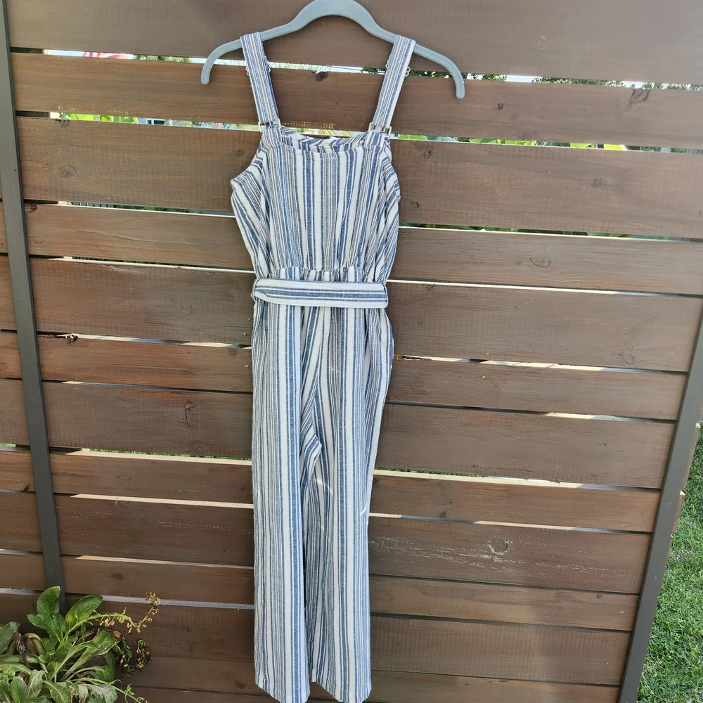 Deja Bleu Striped Blue and White‎ Jumpsuit Casual Summer Linen Blend Size Small